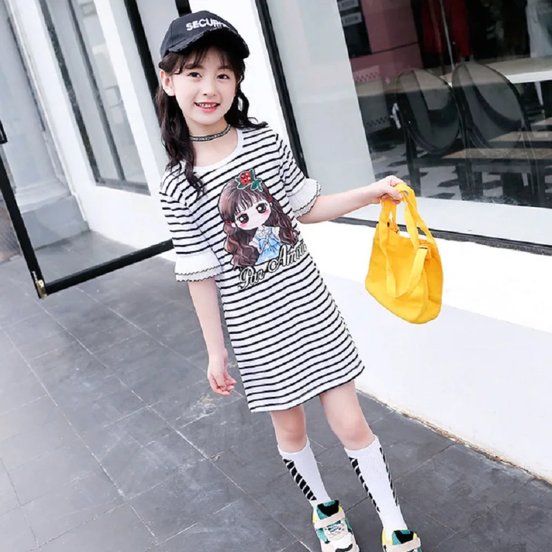 Kids Stripe Dress Girls Cartoon Cotton Tee Flare Sleeve Dresses 2018 Spring Autumn Children Clothes For 4 6 8 10 12 Years | Детская