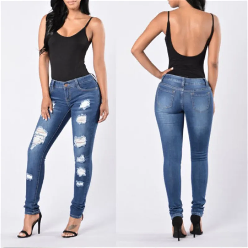 Горячие 2017 новые модные женские эластичные брюки стрейч рваные обтягивающие