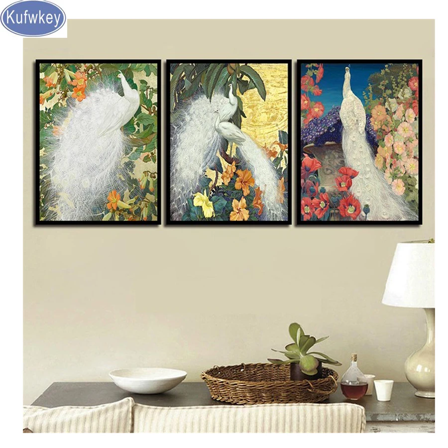 

Full square 5d diamond Painting,DIY diamond embroidery"Peacock flowers" mosaic Pictures home Decoration,Triptych