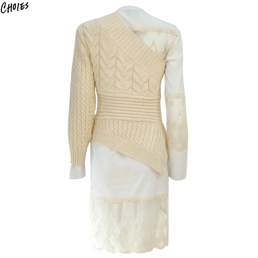Beige One Shoulder Asymmetric Hem Cable Knitted Sweater Women Brand Fashion Irregular Neck High Street Novelty Top | Женская одежда