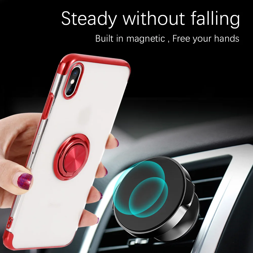 Ascromy For iPhone X Case 360 Rotatable Ring Holder Kickstand Magnetic Car Mount Silicone Cover Coque XS Max XR 8Plus |