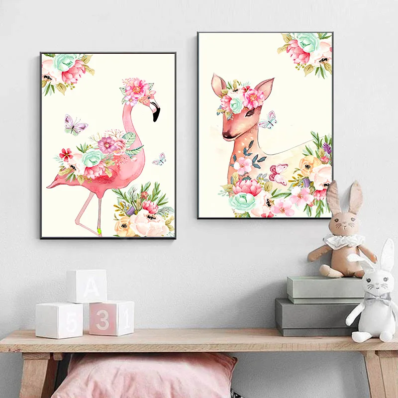Цветочный постер с изображением единорога фламинго настенный художественный