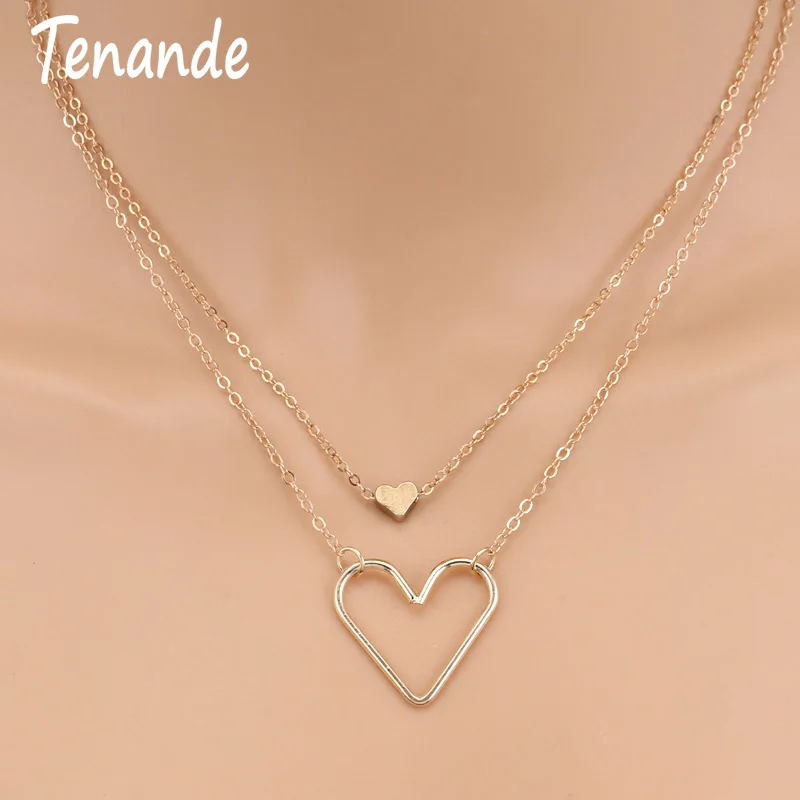 

Tenande Hot Sale Gold Color Double Layer Statement Hollow Sequins Love Hearts Necklaces & Pendants for Women Valentine's Day