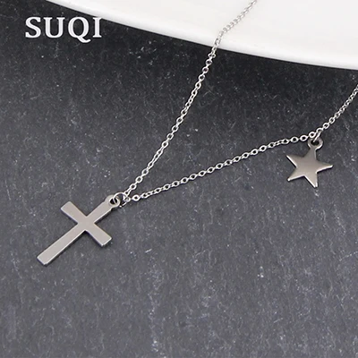 cross and stars SUQI нержавеющая сталь крошечное ожерелье сердца для женщин Короткая Цепочка Сердце Звезда Кулон Ожерелье Подарок богемское Колье чокер капля - Окраска металла: cross and stars
