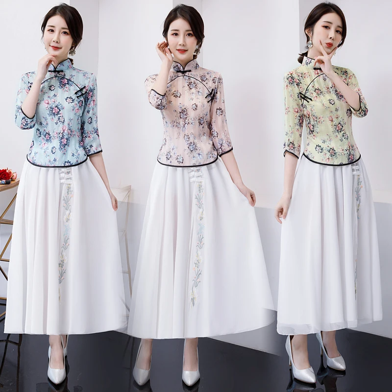 

New Summer Womens Blouse Skirt Sets Traditional Chinese 2pc Shirt Mandarin Collar Cheongsam Button Dress Plus Size S-XXL