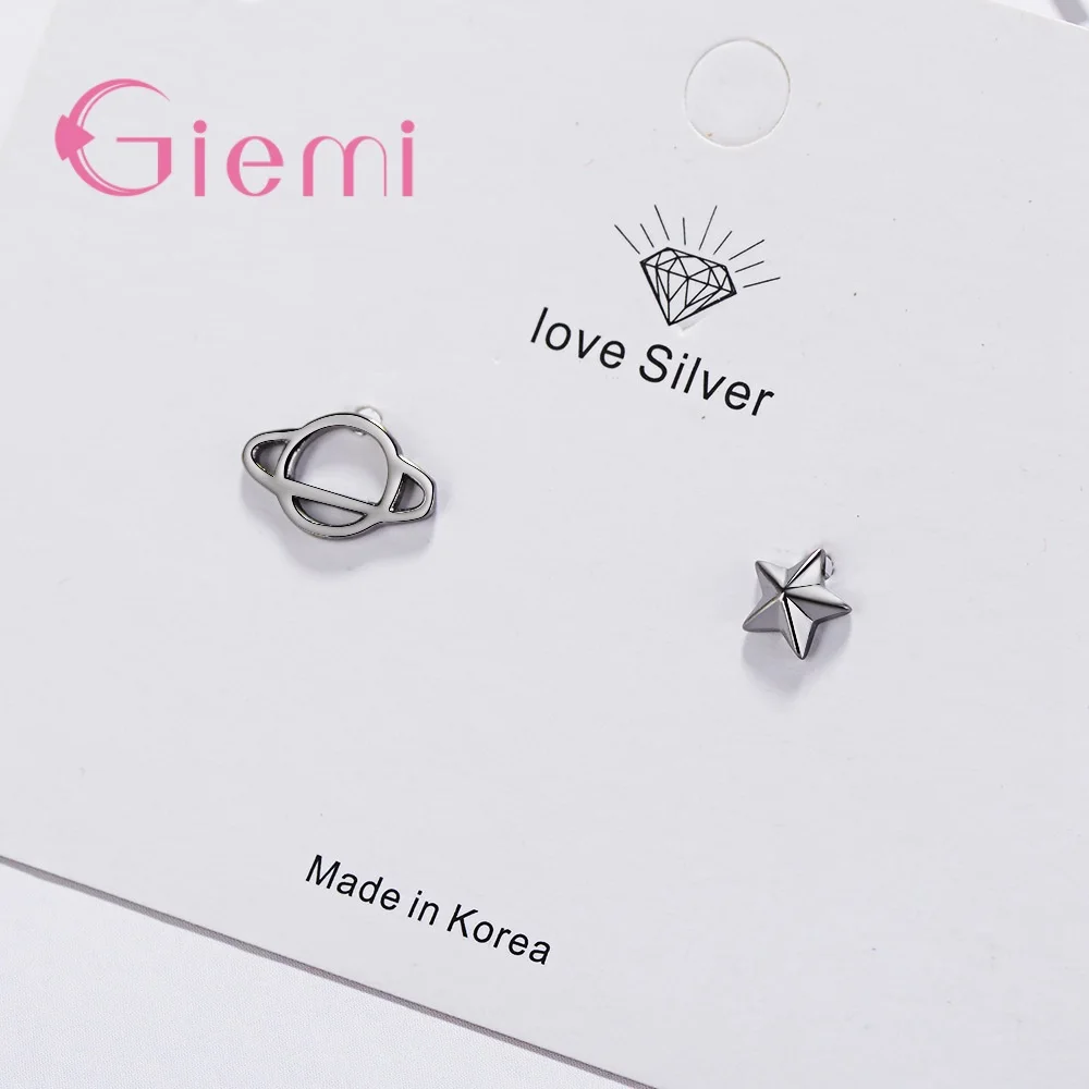 Universe Planet Saturn Black Trend Personality Creative 925 Silver Small Earrings Female Stars Asymmetric Stud Girl | Украшения и