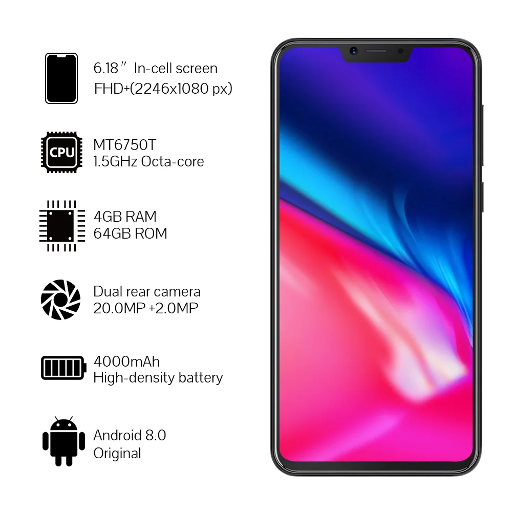 Cubot P20 задняя двойная камера 20MP 4000mAh 19:9 6,1" 2246*1080 FHD+ экран с зазубриной 4 Гб+ 64 ГБ Android 8,0 MT6750T Восьмиядерный 4G LTE