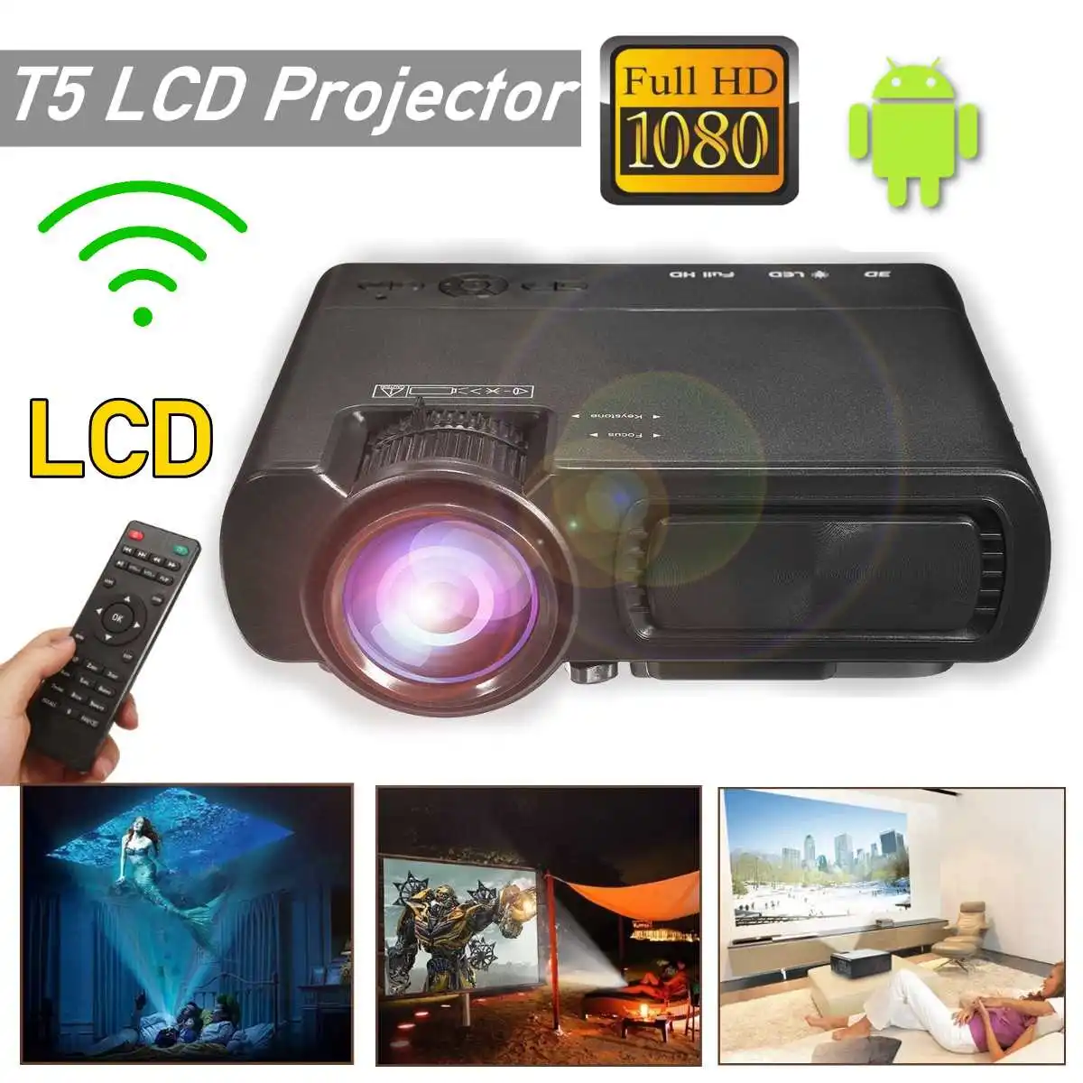 Мини-проектор T5 lcd 7000 люмен 1080P Full HD Wifi bluetooth домашний кинотеатр Android 6,0 аудио динамик домашний кинотеатр