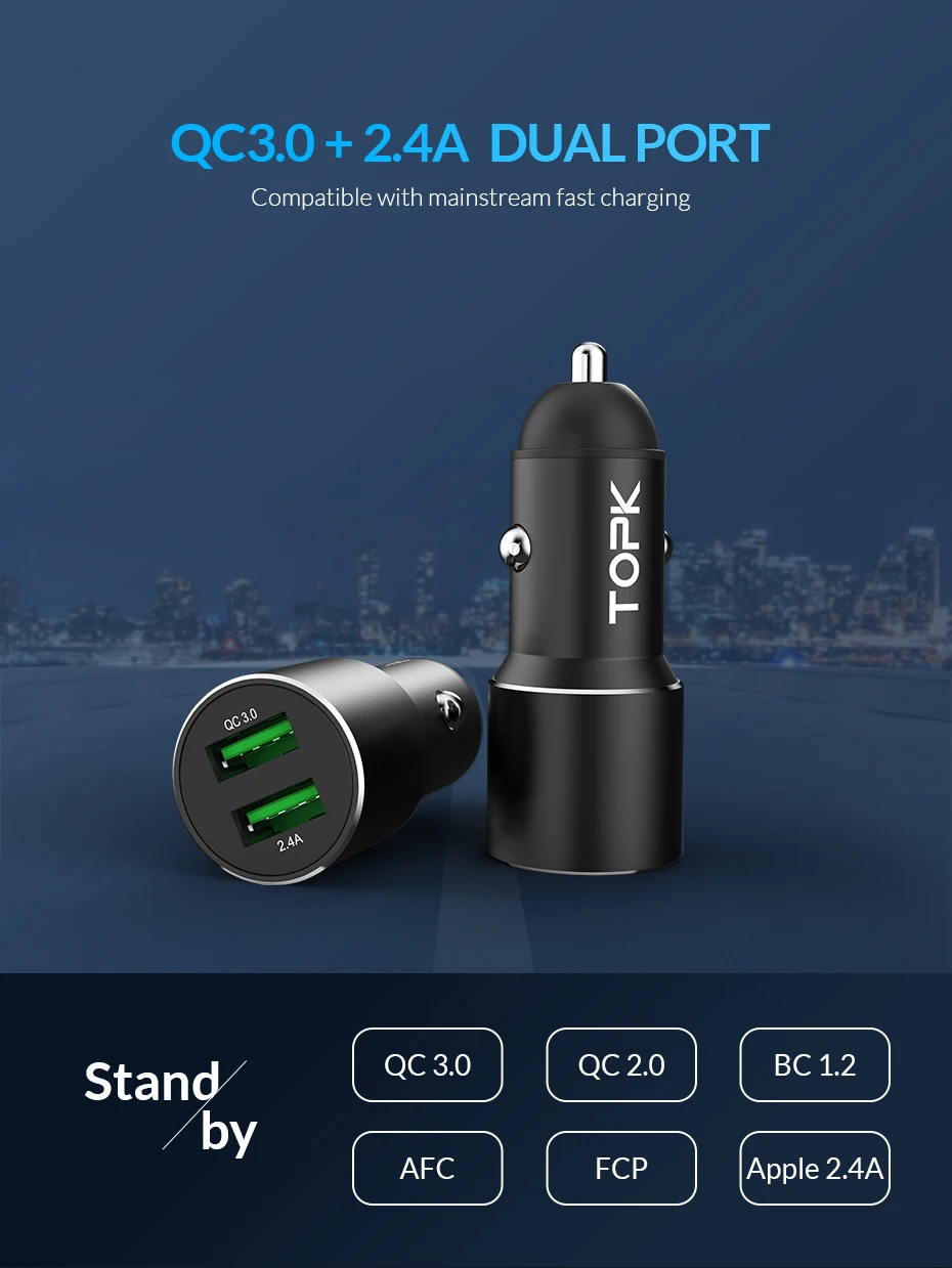 TOPK G207Q Dual USB Автомобильное зарядное устройство Быстрая зарядка 3,0 быстрое зарядное устройство автомобильное зарядное устройство для iPhone Xiaomi huawei телефон зарядное устройство адаптер в автомобиле