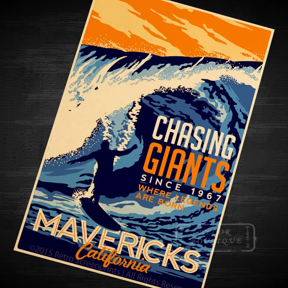 Погоня за гигантами Mavericks винтажный дорожный постер для серфинга пляжа ретро