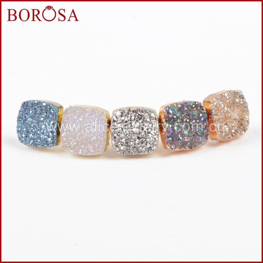 

BOROSA 5pcs New Design Gold Color Square Natural Crystal Druzy Titanium Transparent Mix Color Druzy Stud Earrings G0914