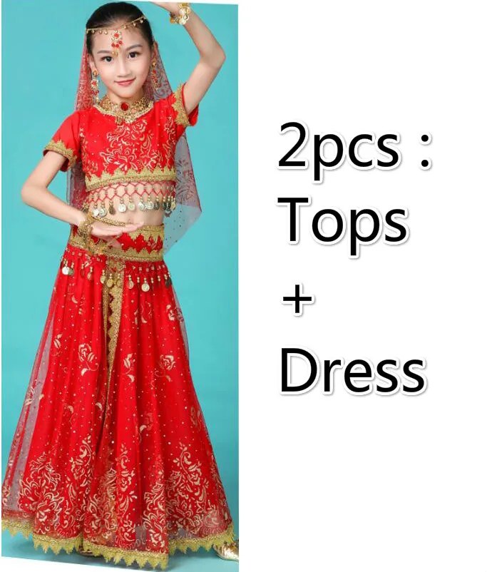 2pcs red Костюмы для Танцев Живота для девочек, дизайн, детские платья для восточных танцев, индийское болливудское танцевальное профессиональное снаряжение для детей, 4 цвета - Цвет: 2pcs red