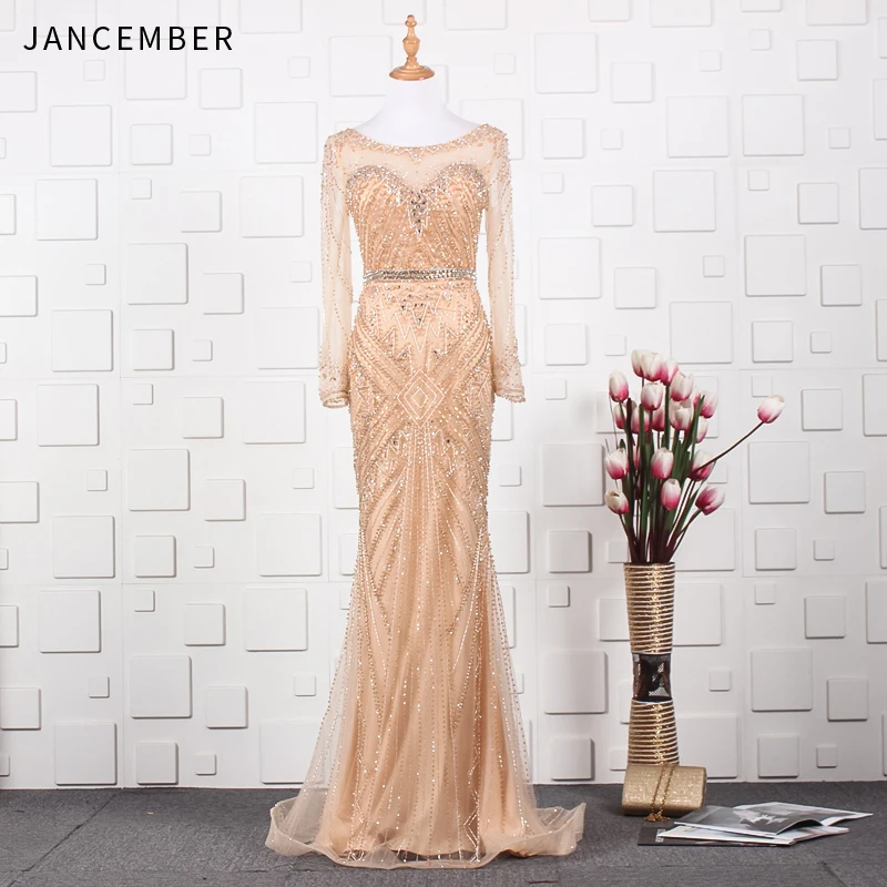 JANCEMBER vestido de gala украшенный бусинами и кристаллами длинный рукав иллюзия круглый