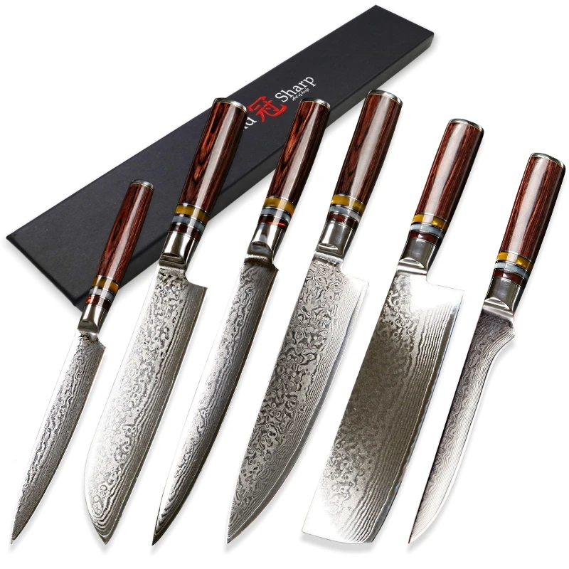 Damascus Chef Knife Set 6 pcs vg10 Japanese Steel Kitchen Knives Professional Cooking Tools Best Family Wedding Gift | Дом и сад