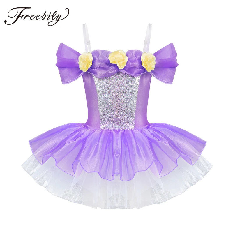 

Teen Girls Sequin Off Shoulder Princess Flower Ballet Tutu Dress Gymnastics Leotard Ballerina Dance Kids Birthday Party Dress
