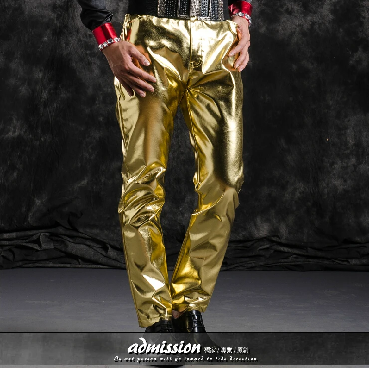 28-40 ! 2016 Plus size men's brand fashion new Costume djds motorcycle slim male gold leather pants stage singer dance trousers