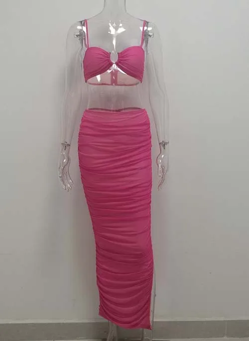 Hot Pink JillPeri ярко-розовый стрейч сетка короткий топ и юбка Женский комплект 2 шт. Сексуальная Клубная одежда с рюшами повседневный наряд элегантные вечерние комплект из 2 предметов - Цвет: Hot Pink