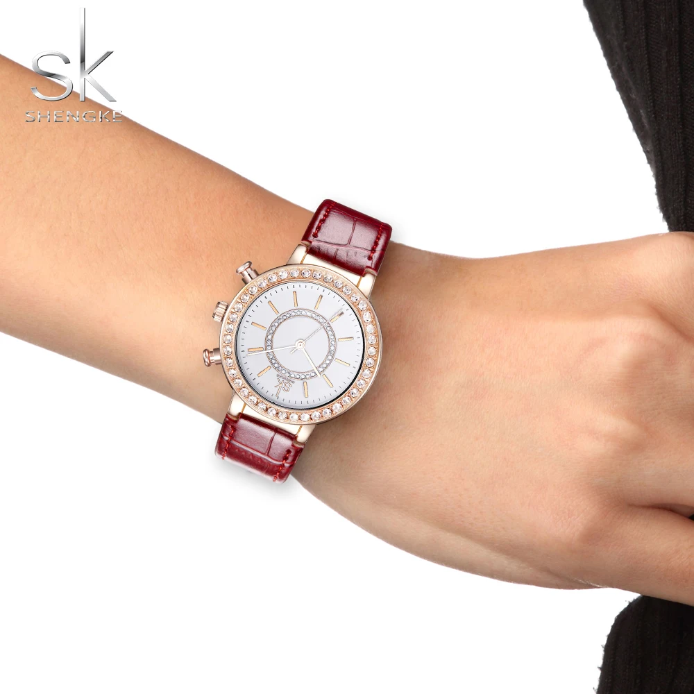 

SHENGKE Women Watches Luxury 40 Crystals Wine Red Leather Strap Top Brand Ladies Quartz Watch Gift For Lover Female Wristwatch