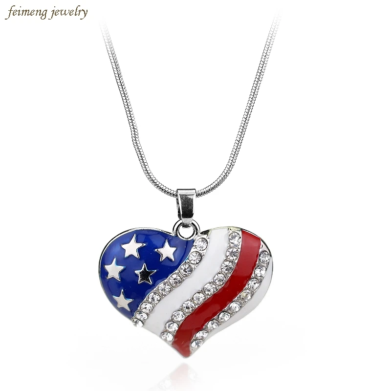 Ожерелье с подвеской эмалью и американским флагом|rhinestone heart|4th of julycrystal heart |