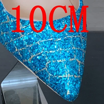 blue shange 10cm Женские блестящие кожаные туфли на высоком каблуке; женские туфли-лодочки на платформе; модельные летние свадебные туфли; женские туфли-лодочки с острым носком на высоком каблуке - Цвет: blue shange 10cm