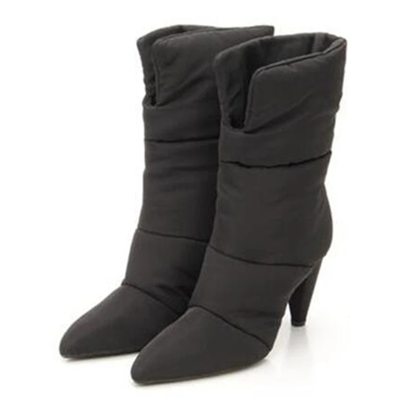 black New spike high heels snow boots women pointed toe mid calf slip on winter shoes white black runway lady party dress boots - Цвет: black