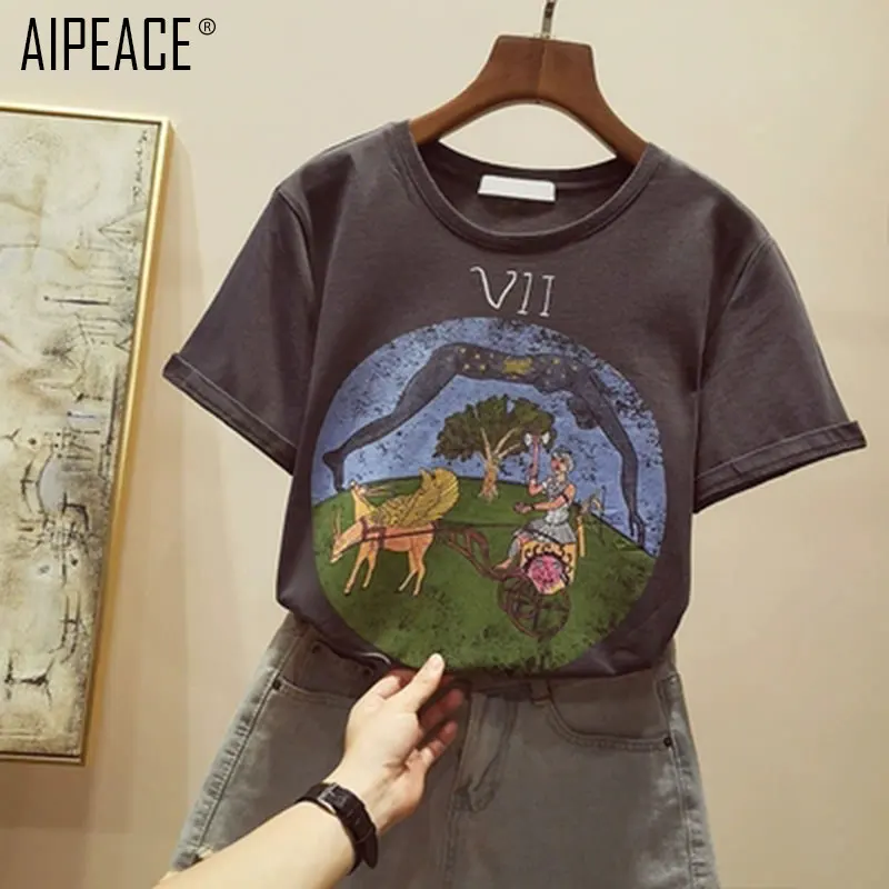 AIPEACE/Летняя модная женская футболка из чистого хлопка с круглым вырезом и принтом