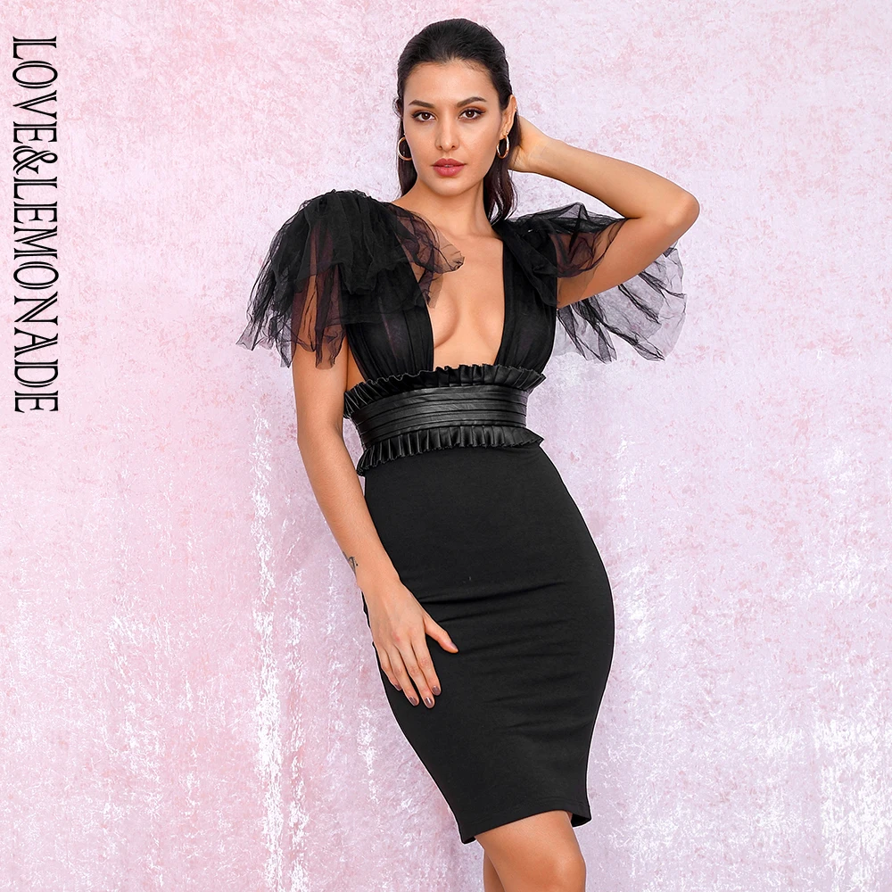 Женское вечернее платье LOVE & LEMONADE черное облегающее с V образным вырезом