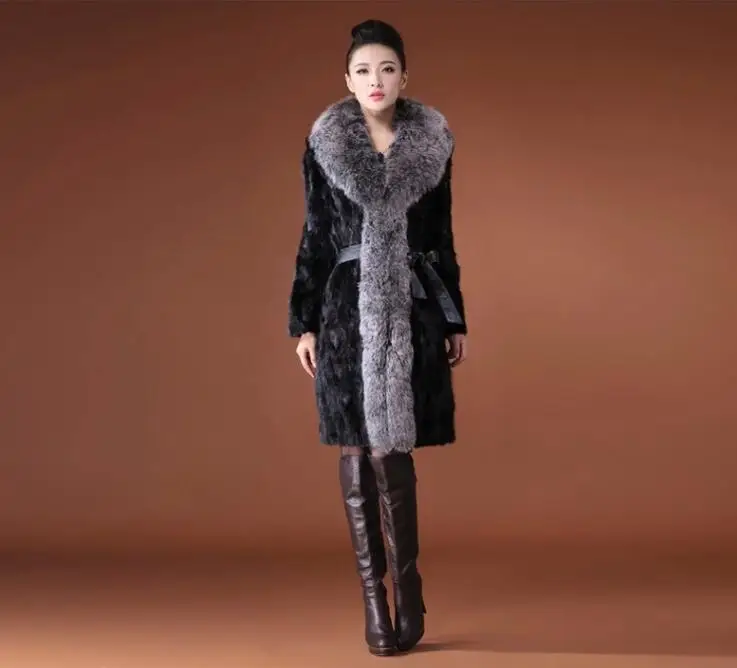 Autumn faux mink leather jacket womens long coats winter thicken warm fur leather coat women slim jackets fashion big fur collar