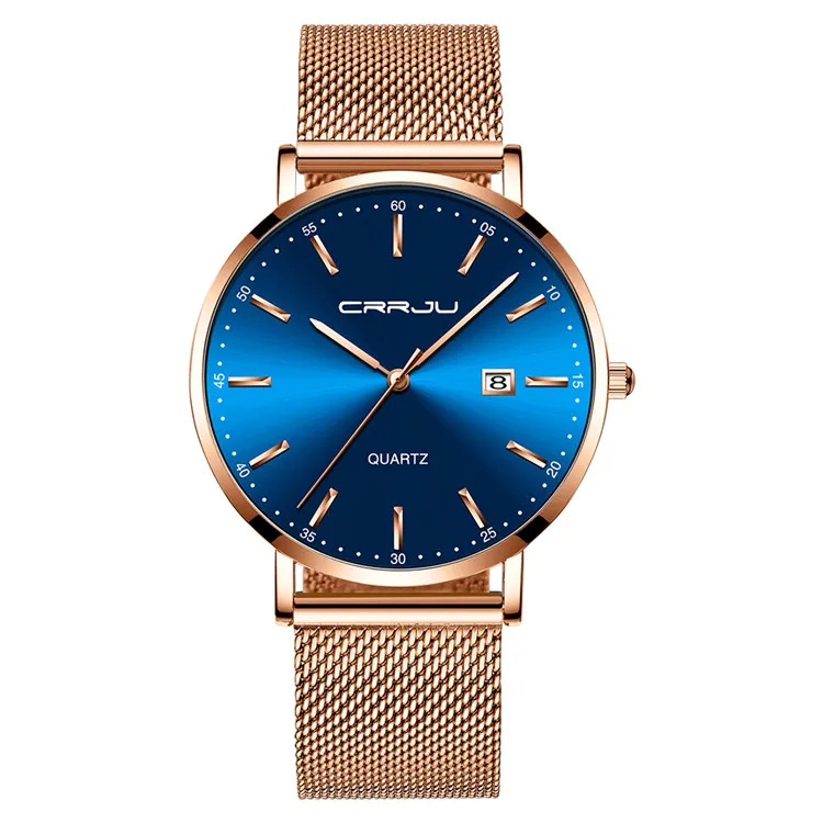 Rose Blue CRRJU модные розовые Золотые женские часы Стильные Простые унисекс из нержавеющей стали с сеткой кварцевые наручные часы женские водонепроницаемые часы - Цвет: Rose Blue