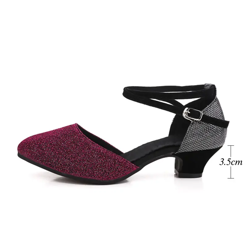 Purple 3.5cm Женская танцевальная обувь для латинских танцев сальсы с закрытым носком; цвет золотистый, фиолетовый; мягкая подошва; обувь для взрослых женщин; Обувь для бальных танцев, танго; - Цвет: Purple 3.5cm