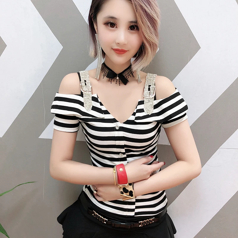 Striped short sleeve Сексуальный пуловер с вырезом лодочкой и бриллиантами, футболка, новинка, летний женский топ с коротким рукавом, рубашка, одежда, Camiseta Mujer T96507 - Цвет: Striped short sleeve