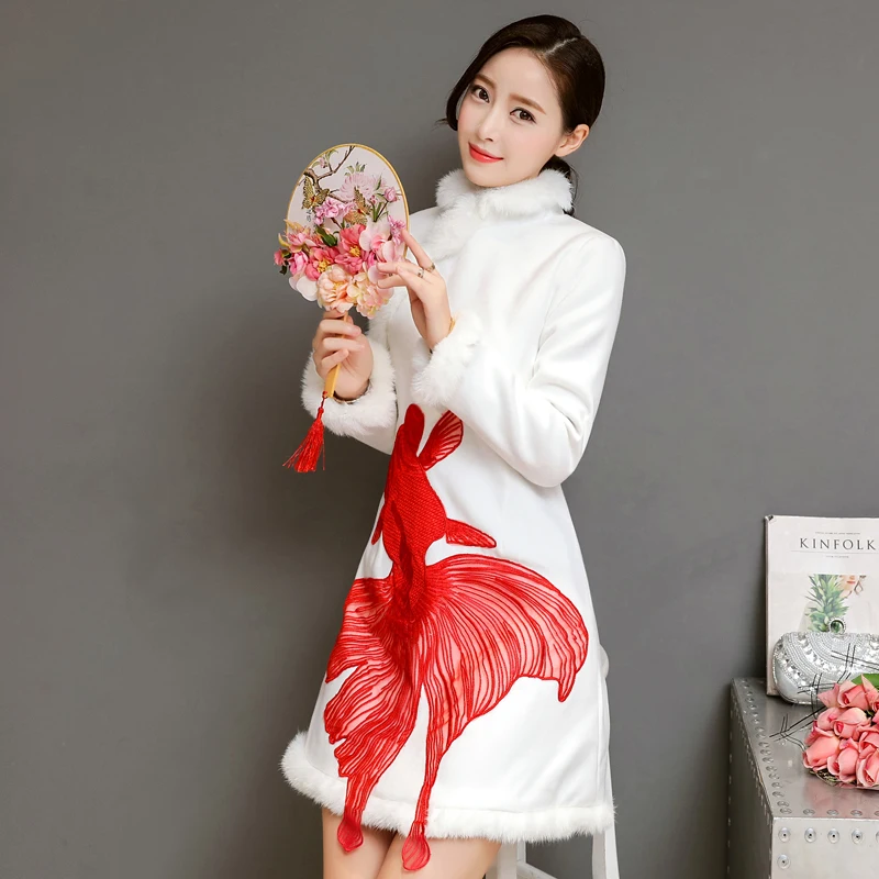 High Quality 2018 Winter Modified Cheongsam Chinese Style Warm Fur Collar Long Sleeved Thickened Goldfish Slim Women Dress | Женская