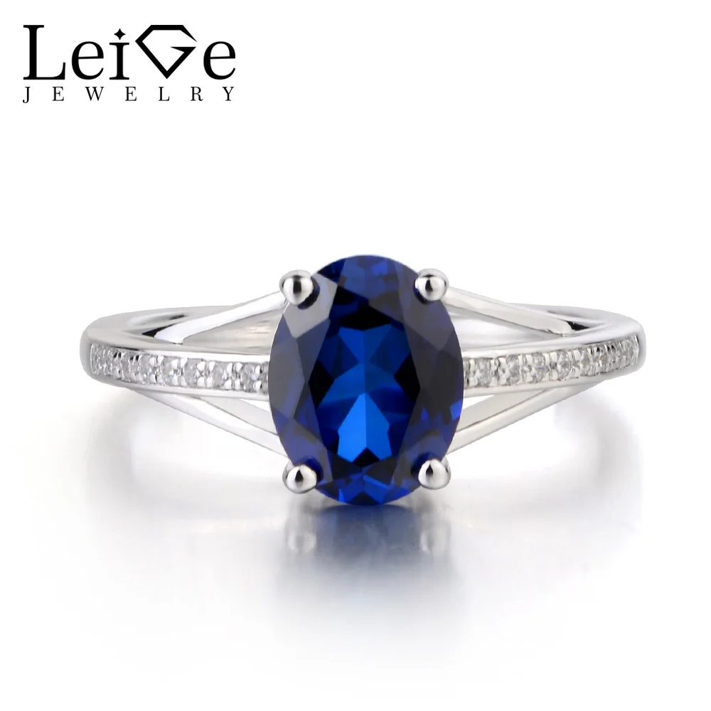 

Leige Jewelry Lab Blue Sapphire Ring Oval Cut Gemstone September Birthstone Engagement Ring 925 Sterling Silver Ring for Women