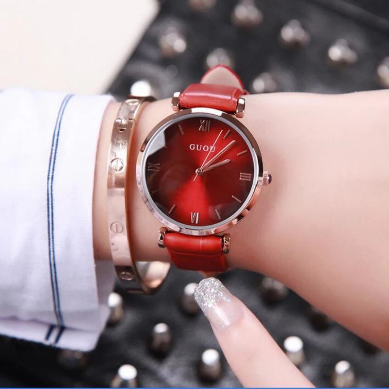 GUOU простые модные часы женские ударопрочные римские с кожаным ремешком|horloge