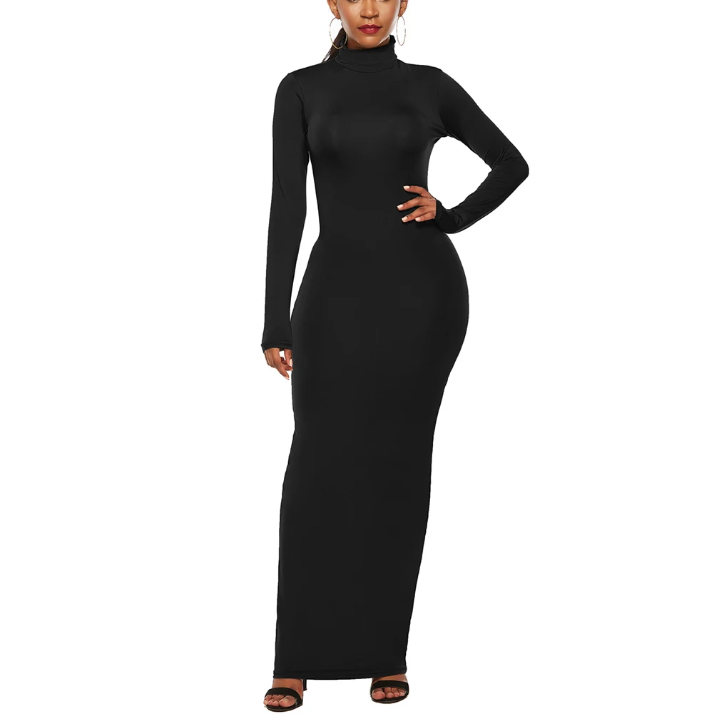 Women Long Sleeve High Collar Dress Solid Color Stretch Slim Summer QL Sale | Женская одежда