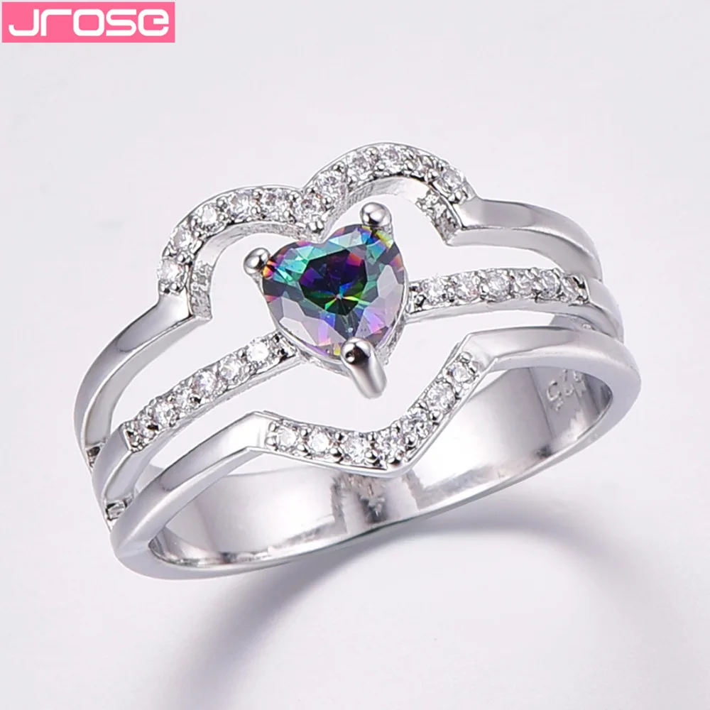 jrose Wome's Fashion Love Style Rainbow White CZ Silver Color Ring Size 6 7 8 9 For Wedding Party Jewelry Christmas Gift | Украшения и
