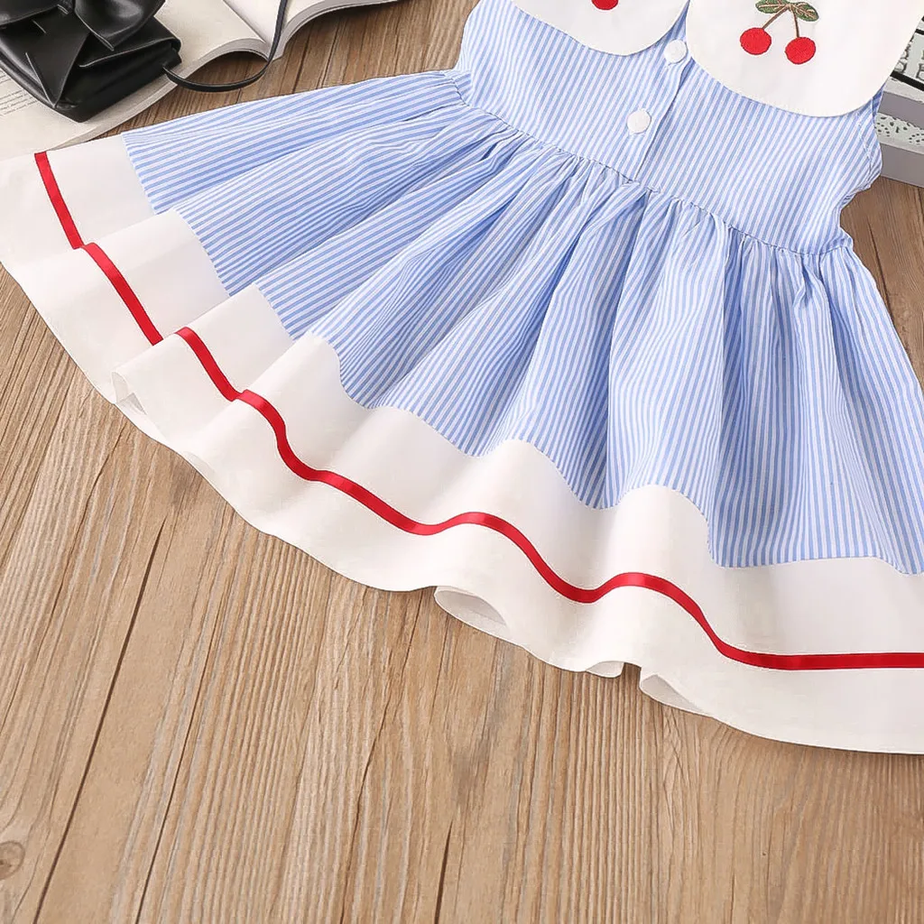 

2019 Toddler Kids Baby Girls Clothes Sleeveless Cherry Stripe Party Princess Dresses