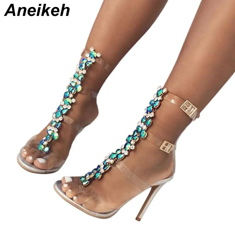 

Aneikeh 2022 New Silver Women's Sandals Sexy PVC Transparent Gladiator Sandals Woman Open Toe T-strap Rhinestone High Heel Shoe