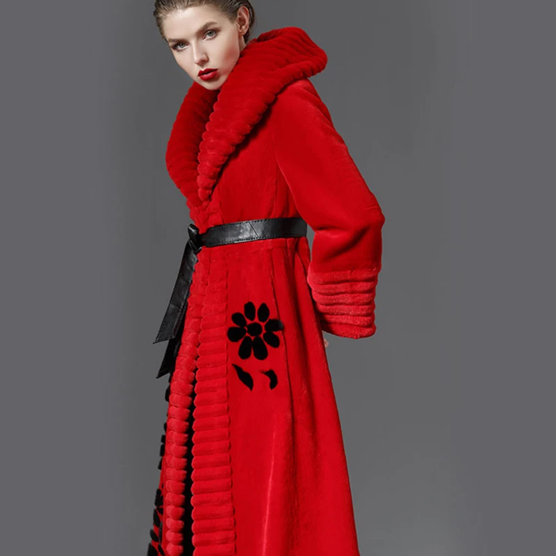 LVCHI Winter2017 Import Red Mink Fur Coat Women's Long Sleeve Coat Black Butterfly Neck Real Natural Fur Print X-Long Mink Coats