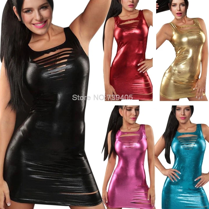 New Brand 2014 Summer Amour Women's Gothic Sleeveless MINI Dress Metallic Wetlook Clubwear Stripper Girls Bodycon Sexy | Женская