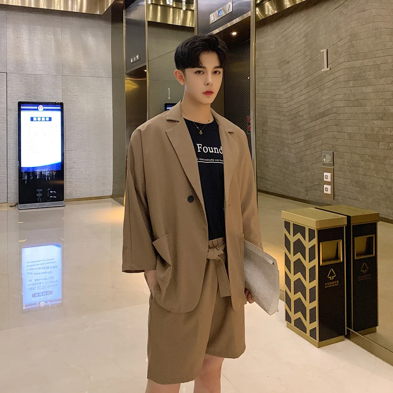 

M-XXL!!Spring and Autumn Seven Sleeve Small Suit Elastic Lace Shorts Tide Brand Men's Loose Korean Flavor Set.