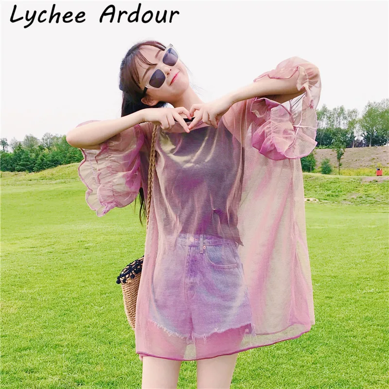 Lychee Ardour Сетчатая футболка с рюшами сексуальная майка Прозрачная Футболка