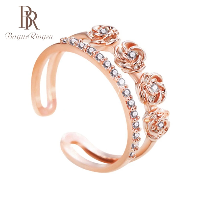 Многослойное женское циркониевое кольцо Bague Ringen регулируемое Золотое и розовое |