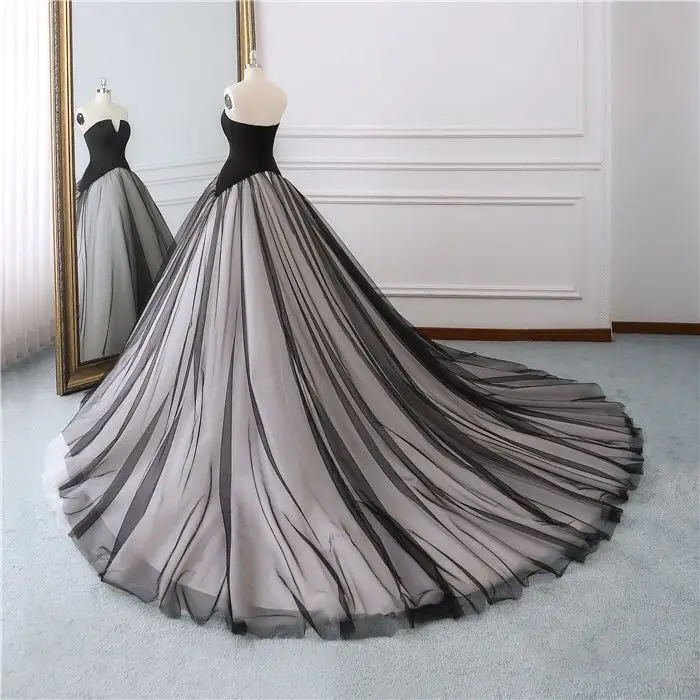 Феи Черный без бретелек v образным вырезом атласная Vestidos De Novia спинки Тюль бальное