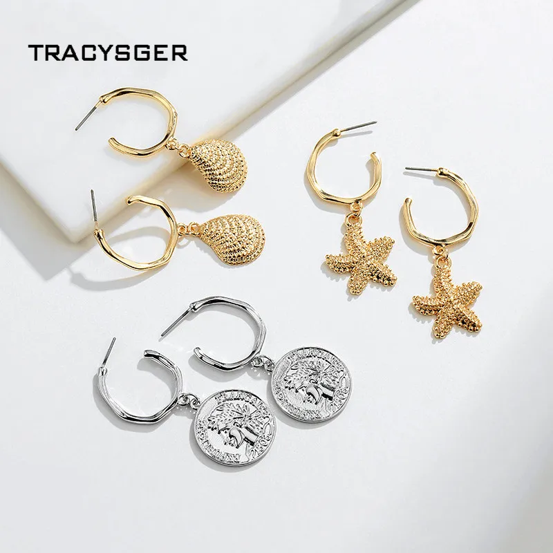 AH 84505 /TRACYSGER/ cowry оболочка Морская звезда монета серьги кольца|Серьги-гвоздики| |