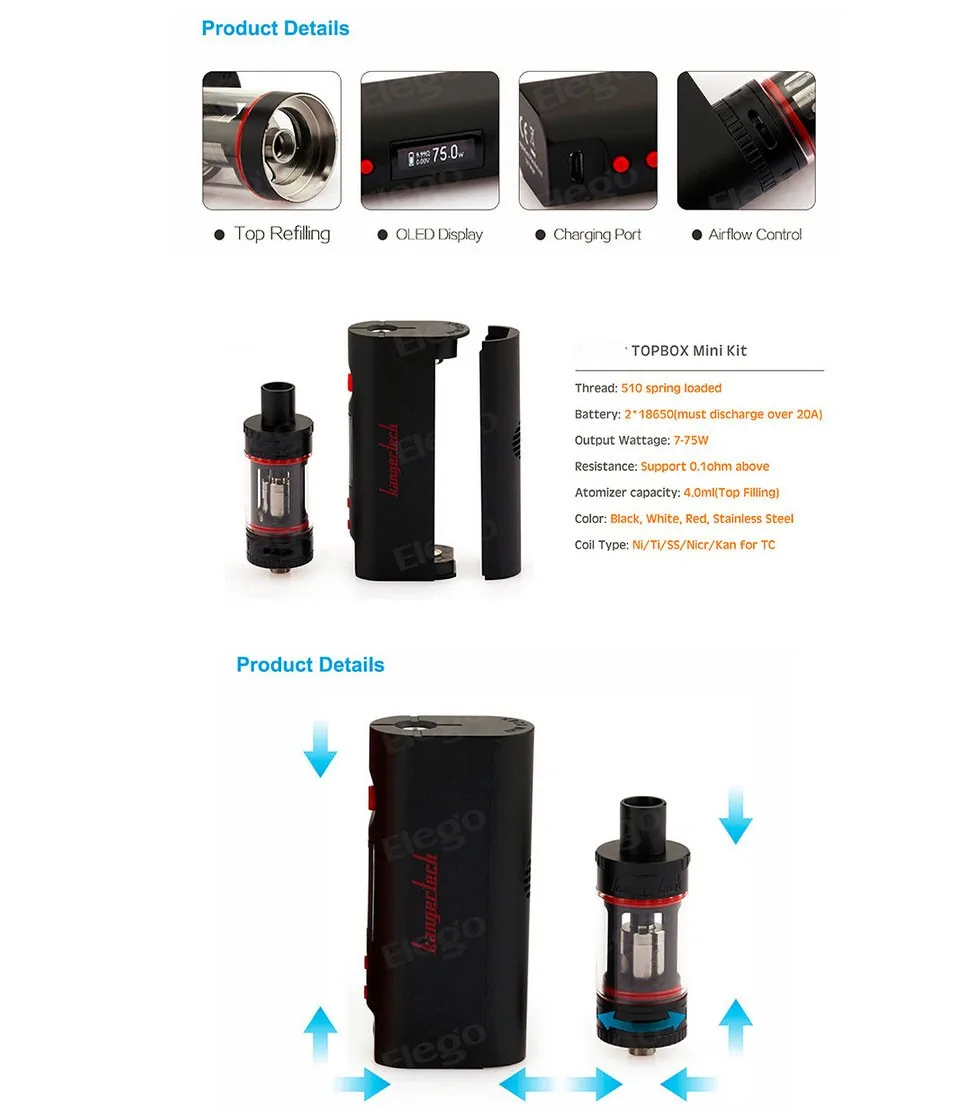 Оригинал kangertech topbox Мини Starter Kit vape с мини Automizer Контроль температуры электронные