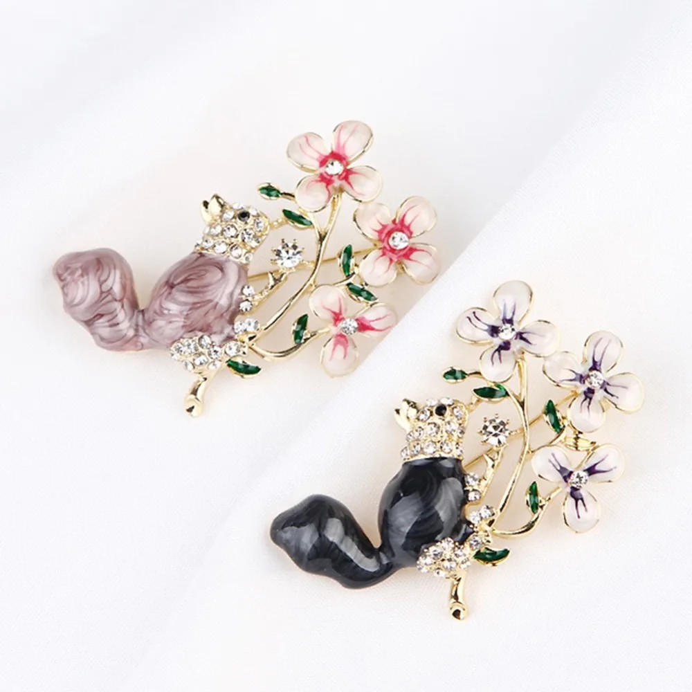 Women Pink Flower Drop Oil Alloy Squirrel Shaped Brooches Fashion Small Animal Brooch Pins Accessories | Украшения и аксессуары