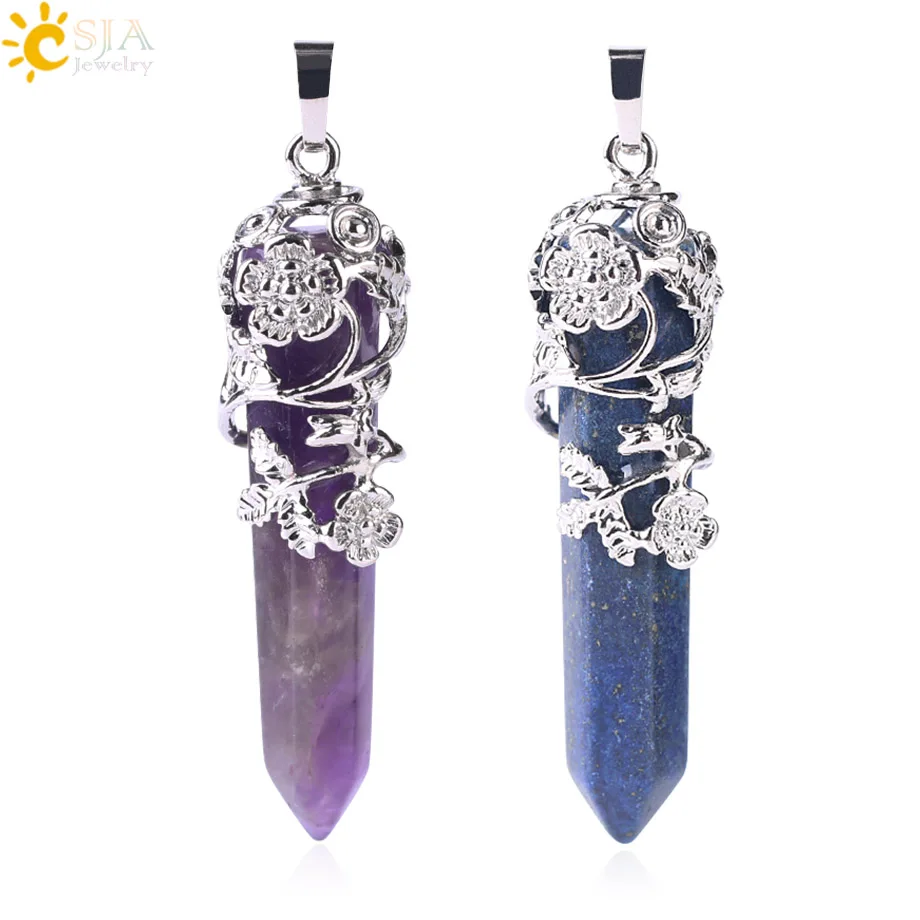 

CSJA Ethnic Tribe Totem Necklace Pendant Big Size Natural Gems Stone Hexagonal Prism Suspension Crystal Jewelry Pendants F430