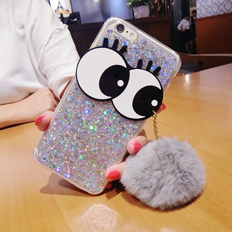 Ainike Luxury Big Eye Soft Warm Furry Ball Tassel Cover Metal Ring Bling Powder Phone Case For Vivo X9 X20Plus X21i V9 Y83 X23 |