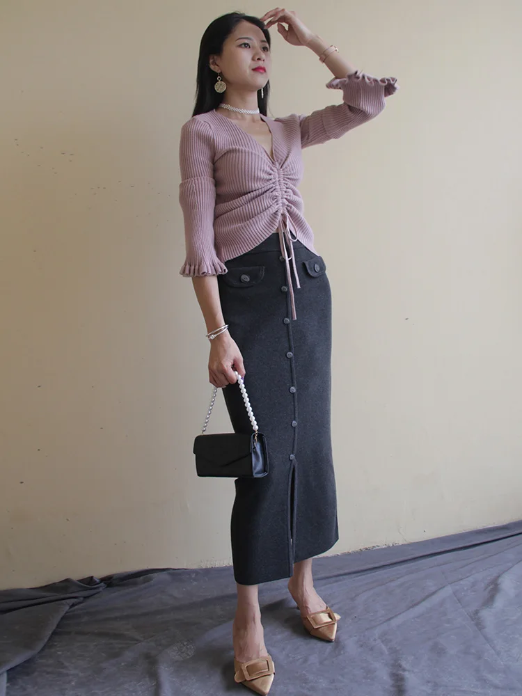 Free Shipping 2020 New Fashion Long Maxi Autumn And Winter High Waist Vintage Stretch Pencil Skirt With Slit Women S-XL Button | Женская